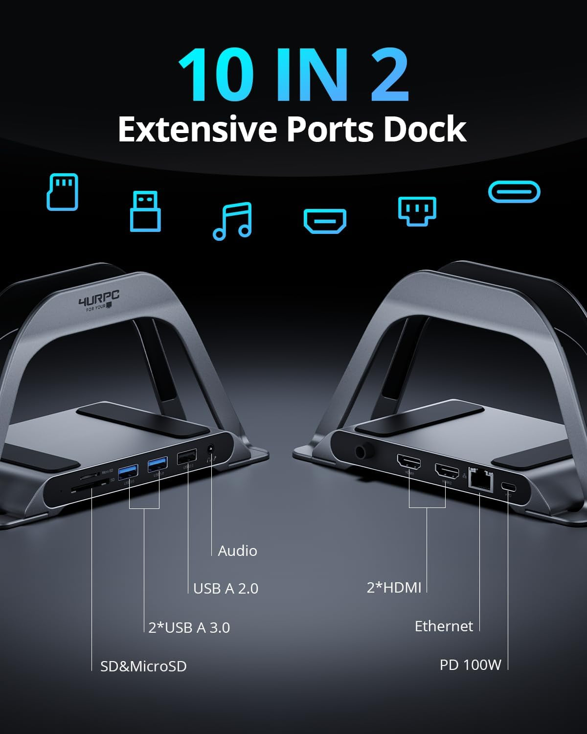 Macbook Pro Docking Station Dual Monitor 4K@60Hz HDMI, USB C Docking Station Vertical 100W Power Adapter for Macbook Pro/Air with USB 3.0, Sd&Microsd,Ethernet, Audio