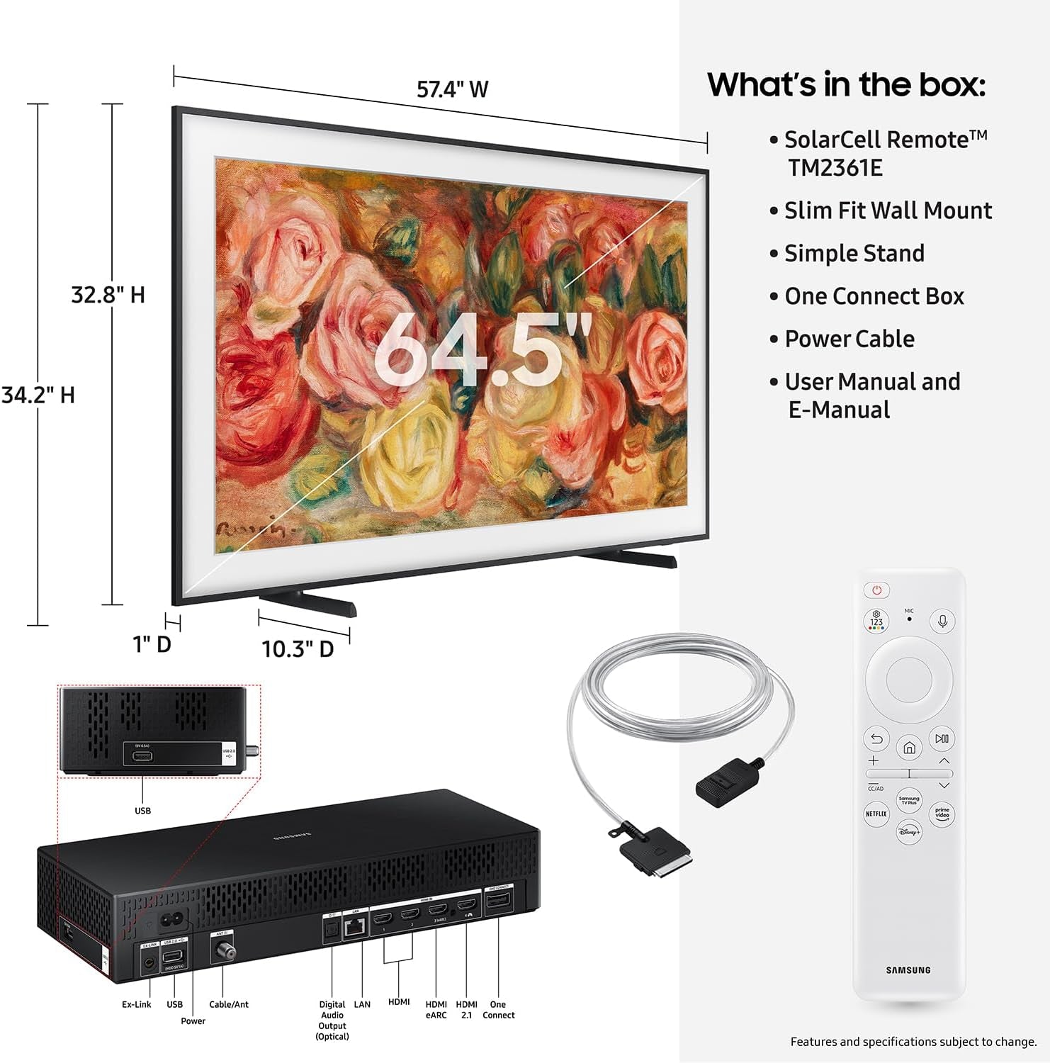 SAMSUNG 65-Inch Class QLED 4K LS03D the Frame Series Quantum HDR Smart TV W/Dolby Atmos, Art Mode, Anti-Reflection, Customizable Frame, Slim Fit Wall Mount with Alexa Built-In (QN65LS03D, 2024 Model)