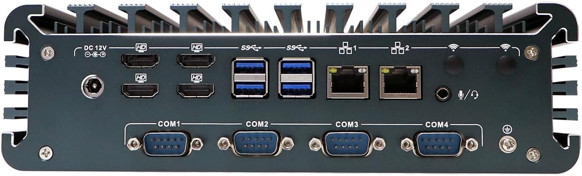 PARTAKER Fanless Industrial Computer, Mini PC, IPC, Core I7 1255U, I15, 4 X HDMI, 2 X LAN, TPM2.0, 4 X COM COM1/2 for RS232/RS485, 8G RAM, 256G SSD