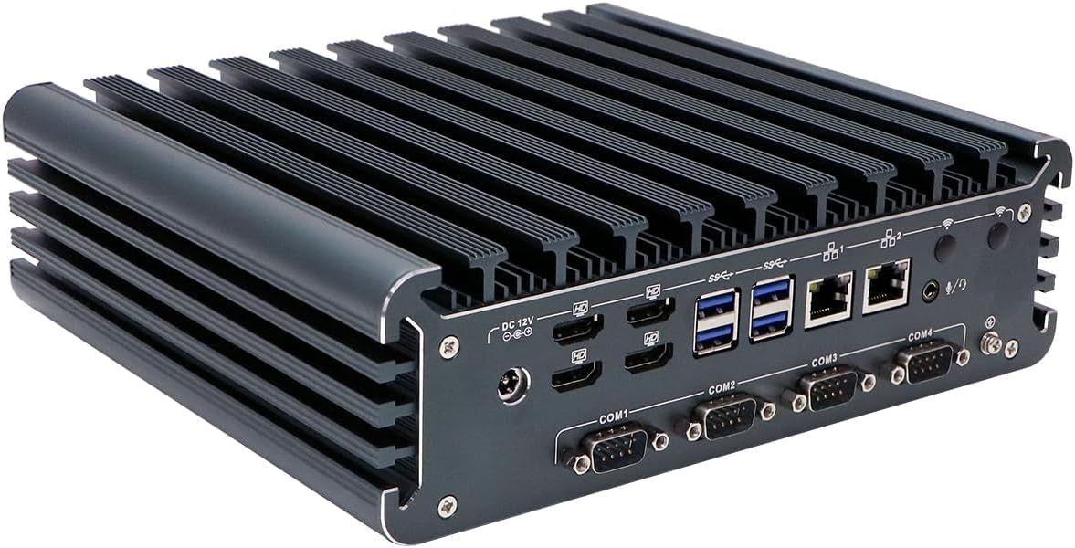 PARTAKER Fanless Industrial Computer, Mini PC, IPC, Core I7 1255U, I15, 4 X HDMI, 2 X LAN, TPM2.0, 4 X COM COM1/2 for RS232/RS485, 8G RAM, 256G SSD