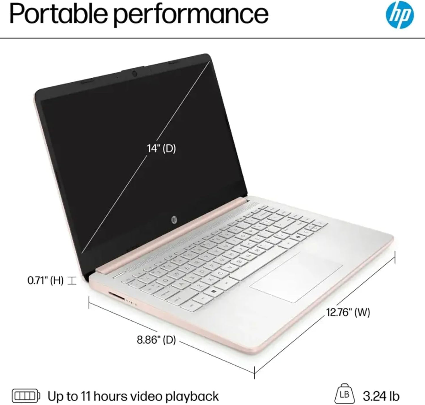HP Rose Gold Ultrabook Laptop with Microsoft Office 365, Intel 2-Core CPU, 1.1TB Storage (1TB Onedrive and 64GB SSD), 8GB RAM, Windows 11, No Mouse