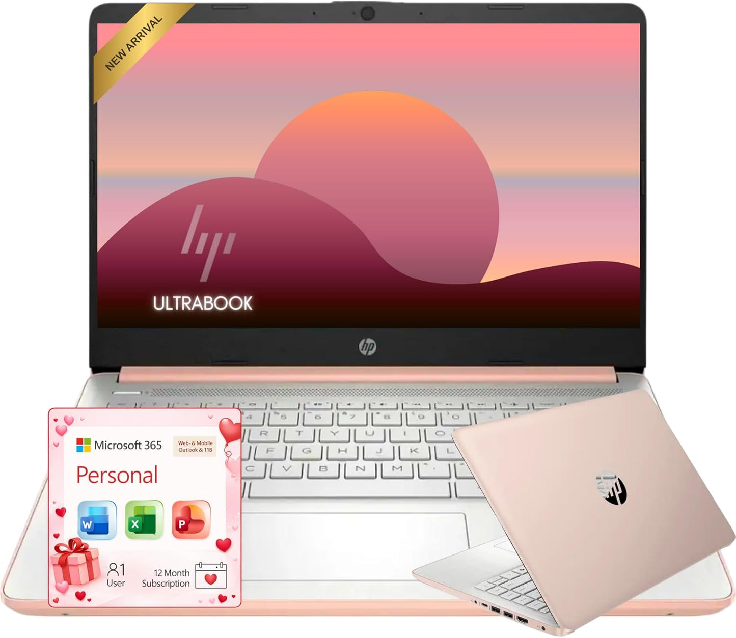 HP Rose Gold Ultrabook Laptop with Microsoft Office 365, Intel 2-Core CPU, 1.1TB Storage (1TB Onedrive and 64GB SSD), 8GB RAM, Windows 11, No Mouse