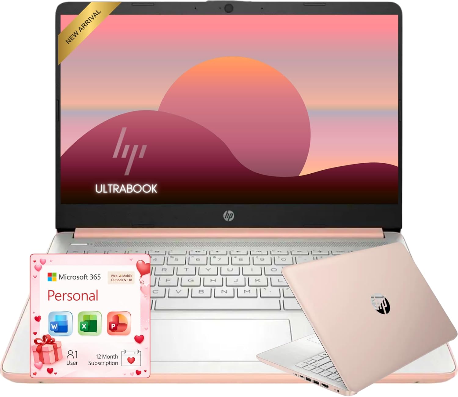 HP Rose Gold Ultrabook Laptop with Microsoft Office 365, Intel 2-Core CPU, 1.1TB Storage (1TB Onedrive and 64GB SSD), 8GB RAM, Windows 11, No Mouse