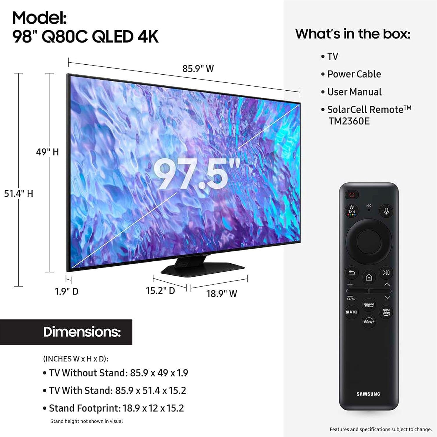 SAMSUNG 98-Inch Class QLED 4K Q80C Series Quantum HDR+, Dolby Atmos Object Tracking Sound Lite, Direct Full Array, Q-Symphony 3.0, Gaming Hub, Smart TV with Alexa Built-In (QN98Q80C, 2023 Model)