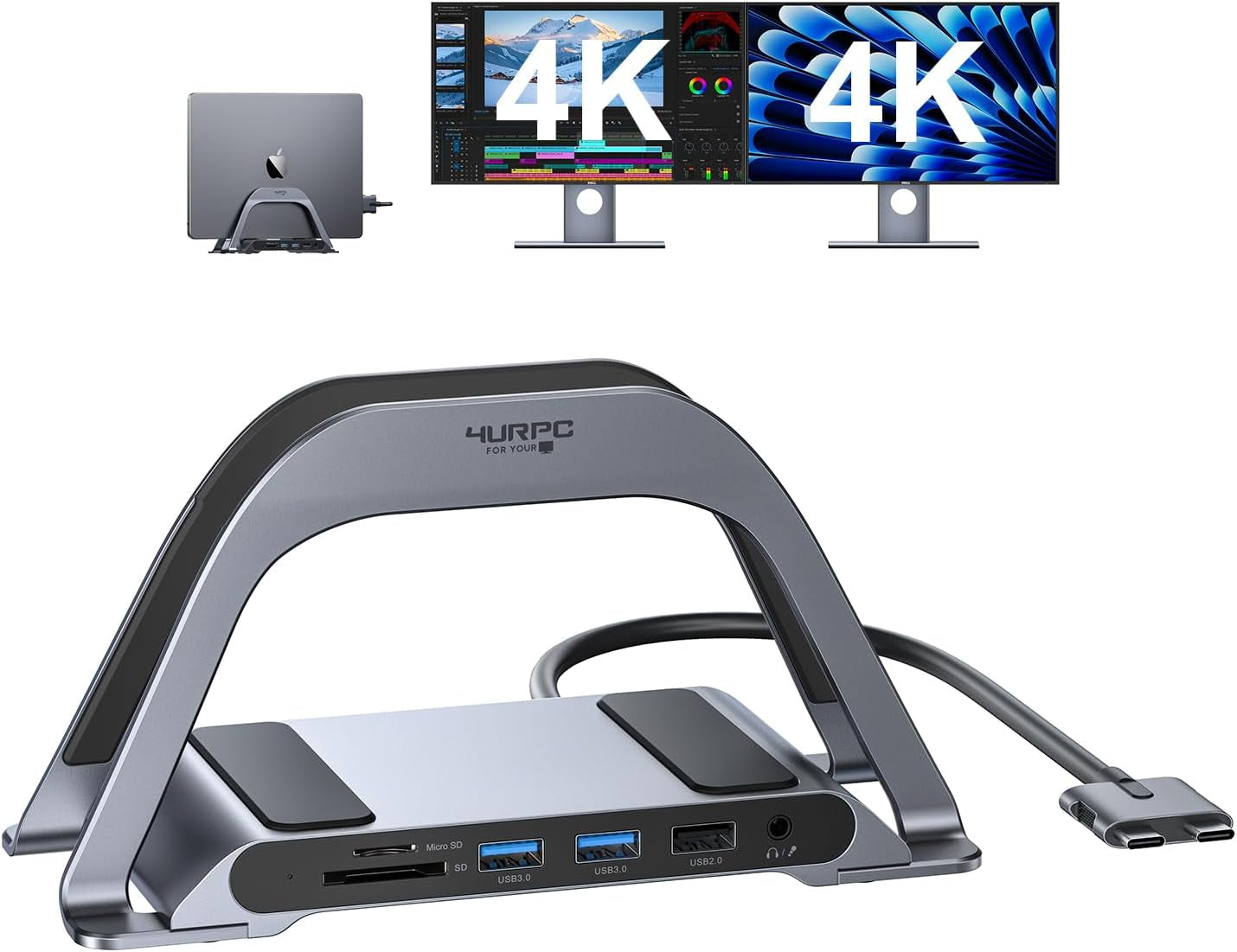 Macbook Pro Docking Station Dual Monitor 4K@60Hz HDMI, USB C Docking Station Vertical 100W Power Adapter for Macbook Pro/Air with USB 3.0, Sd&Microsd,Ethernet, Audio