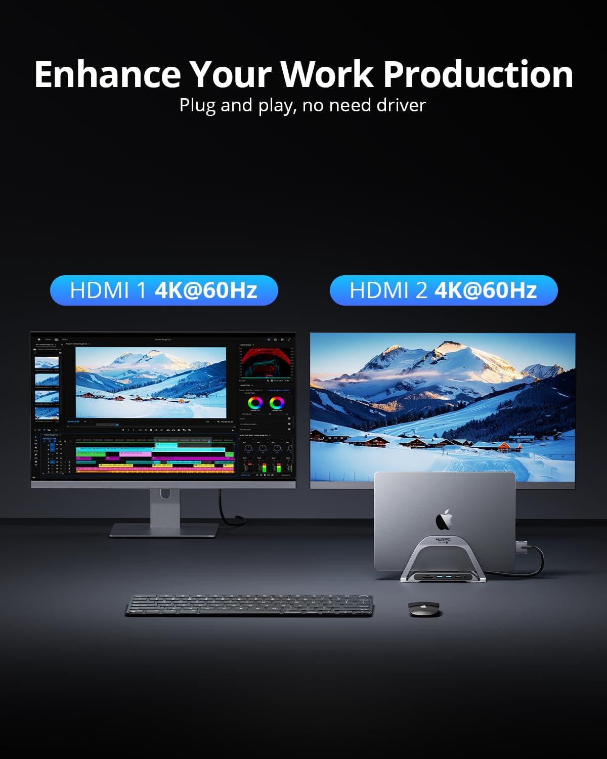 Macbook Pro Docking Station Dual Monitor 4K@60Hz HDMI, USB C Docking Station Vertical 100W Power Adapter for Macbook Pro/Air with USB 3.0, Sd&Microsd,Ethernet, Audio