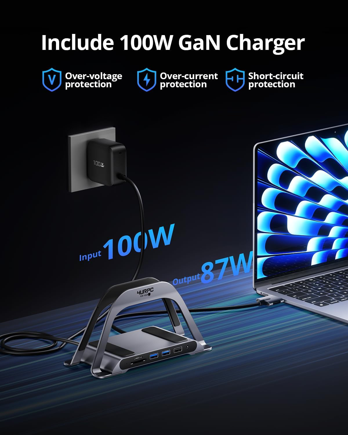 Macbook Pro Docking Station Dual Monitor 4K@60Hz HDMI, USB C Docking Station Vertical 100W Power Adapter for Macbook Pro/Air with USB 3.0, Sd&Microsd,Ethernet, Audio
