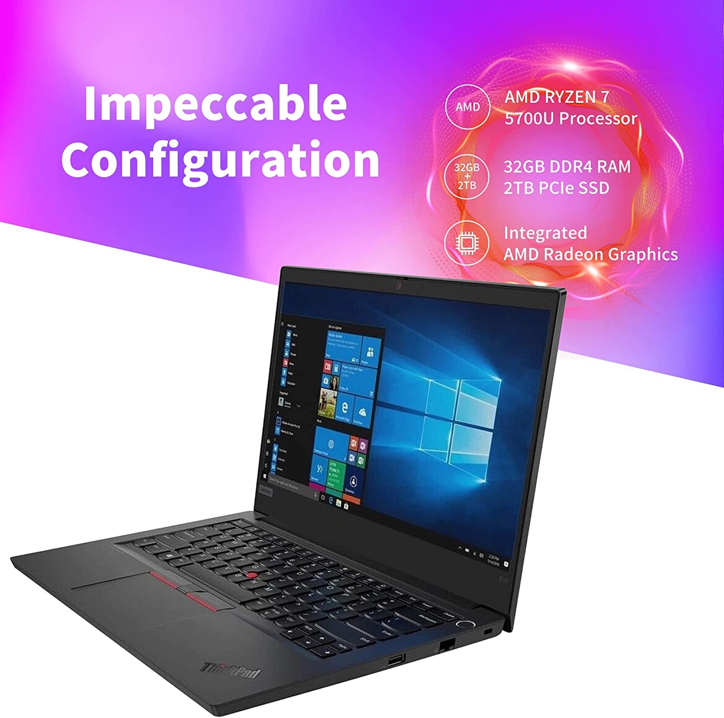 2022 Thinkpad E14 G3 14" FHD Business Laptop, AMD Ryzen 7 5700U, 36GB RAM, 2TB Pcie SSD, AMD Radeon Graphics, HD Camera, Wifi, HDMI, RJ-45, Win 10 Pro, Black, 32GB Snowbell USB Card