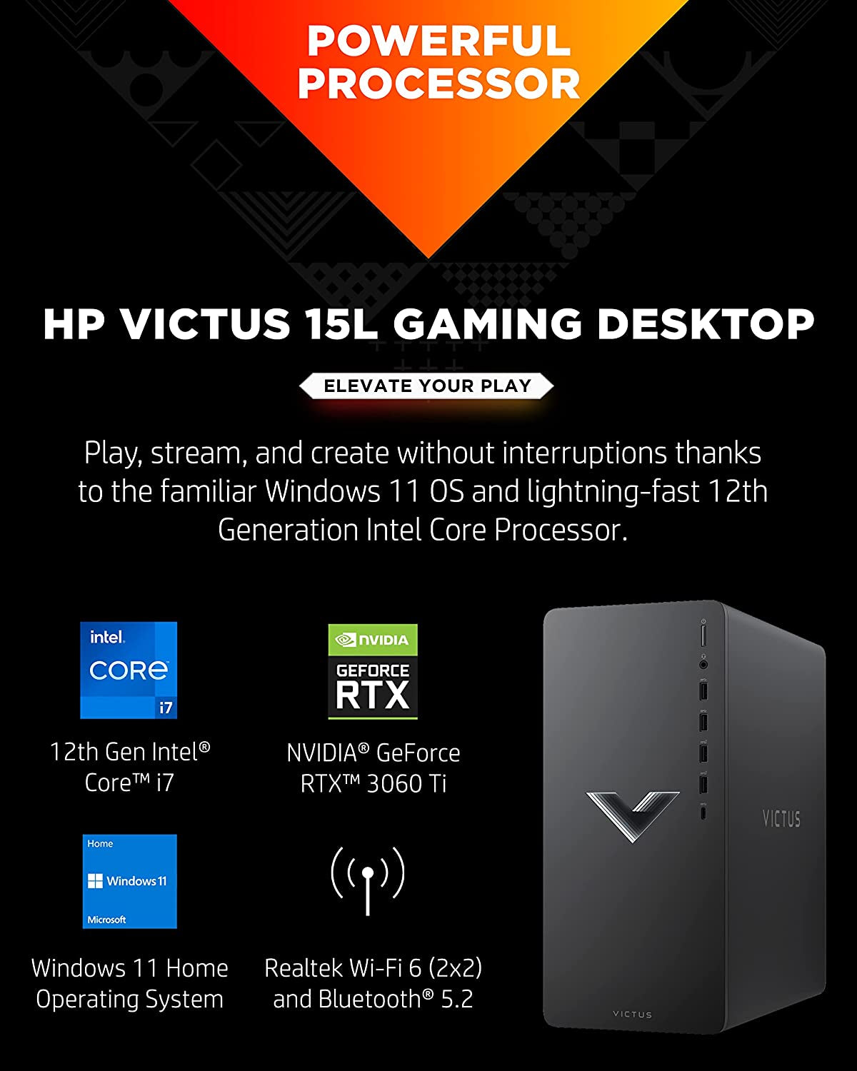 Victus 15L Gaming Desktop Computer,12Th Generation Intel Core Processor, NVIDIA Geforce RTX 3060 Ti, 16 GB SDRAM,1 TB SSD, OMEN Gaming Hub, Windows 11 Home OS, Wi-Fi 6 (TG02-0050, 2022)