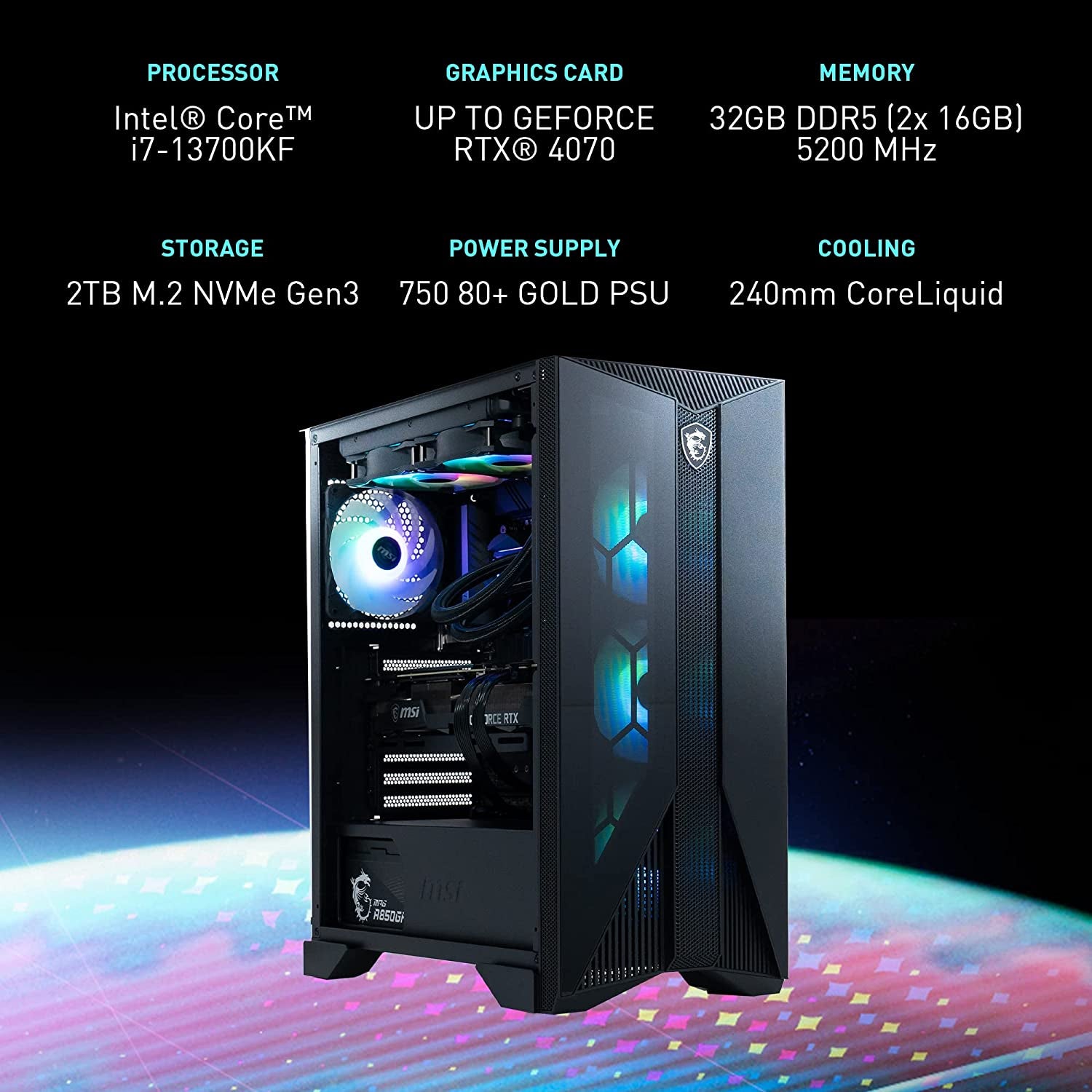 MSI Aegis RS Gaming Desktop: Intel Core I7-13700Kf, RTX 4070, 32GB DDR5, 2TB M.2 Nvme, Liquid Cooling, Wifi 6E, Keyboard & Mouse, DIY Friendly, Windows 11 Home-Adv: 13NUE-450US