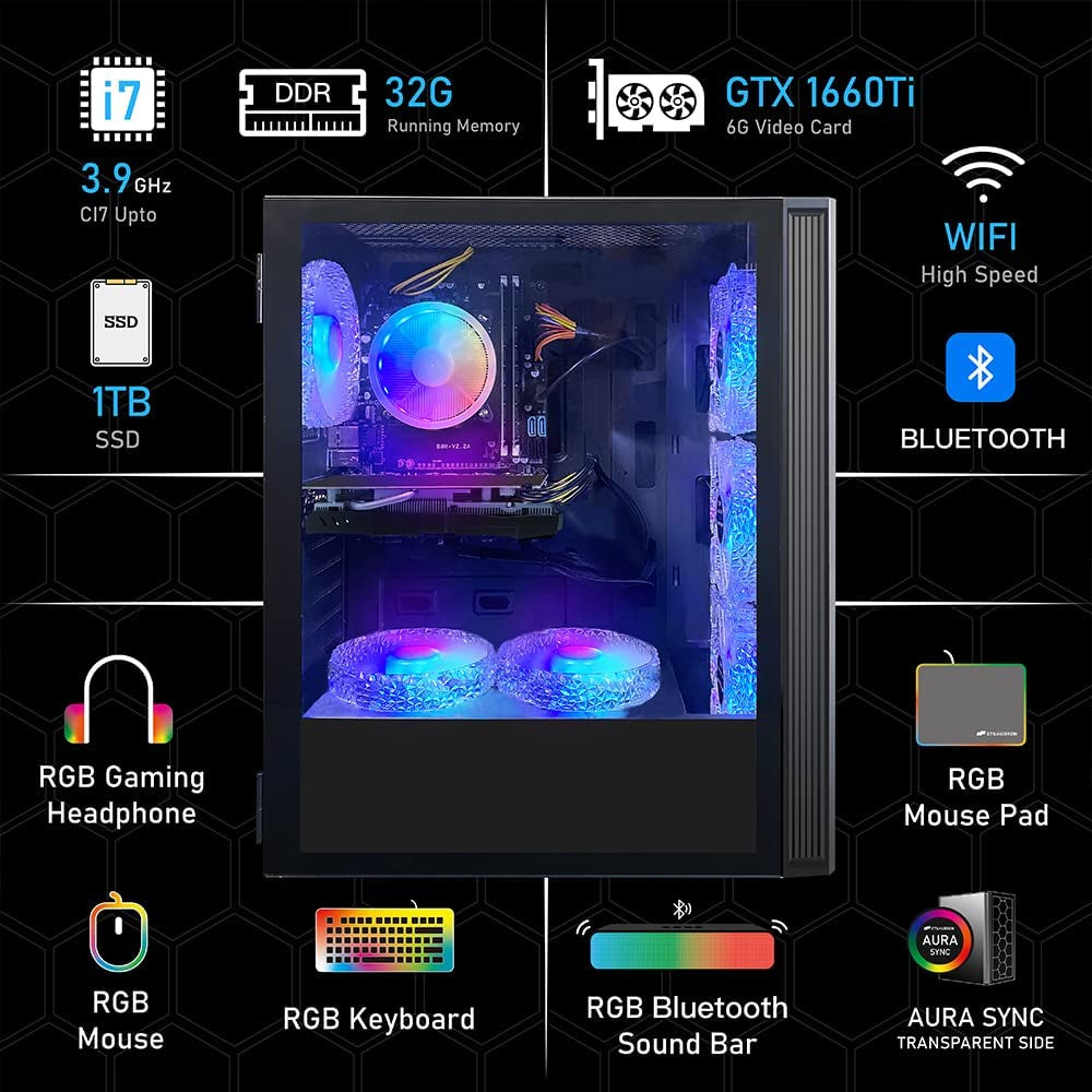 Stgaubron Gaming Desktop Pc,Intel Core I7 3.4G up to 3.9G,Geforce Gtx1660Ti 6G GDDR6,32G,1T Ssd,Wifi,Bt 5.0,RGB Fanx6,Rgb Keybaord&Mouse&Mouse Pad,Rgb BT Sound Bar,Rgb BT Gaming Mic,W10H64