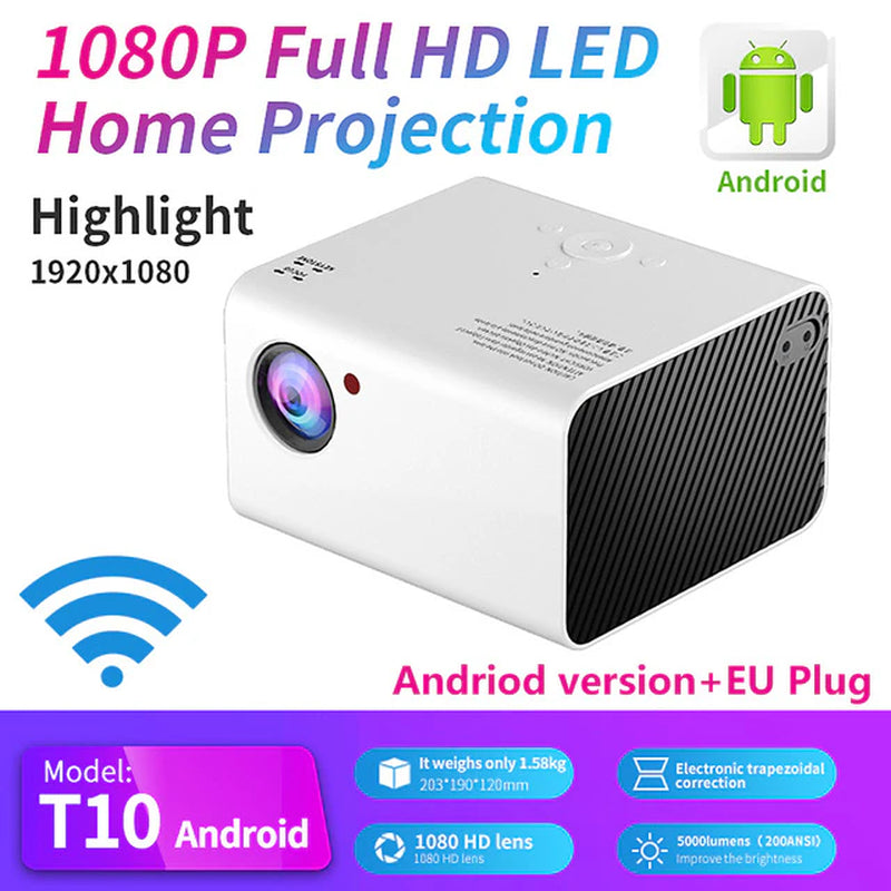 T10 Projector 1080P Full HD Portable Andriod TV Projector with Speaker Hifi Stereo Smart Cinema Video Projectors Home Theater