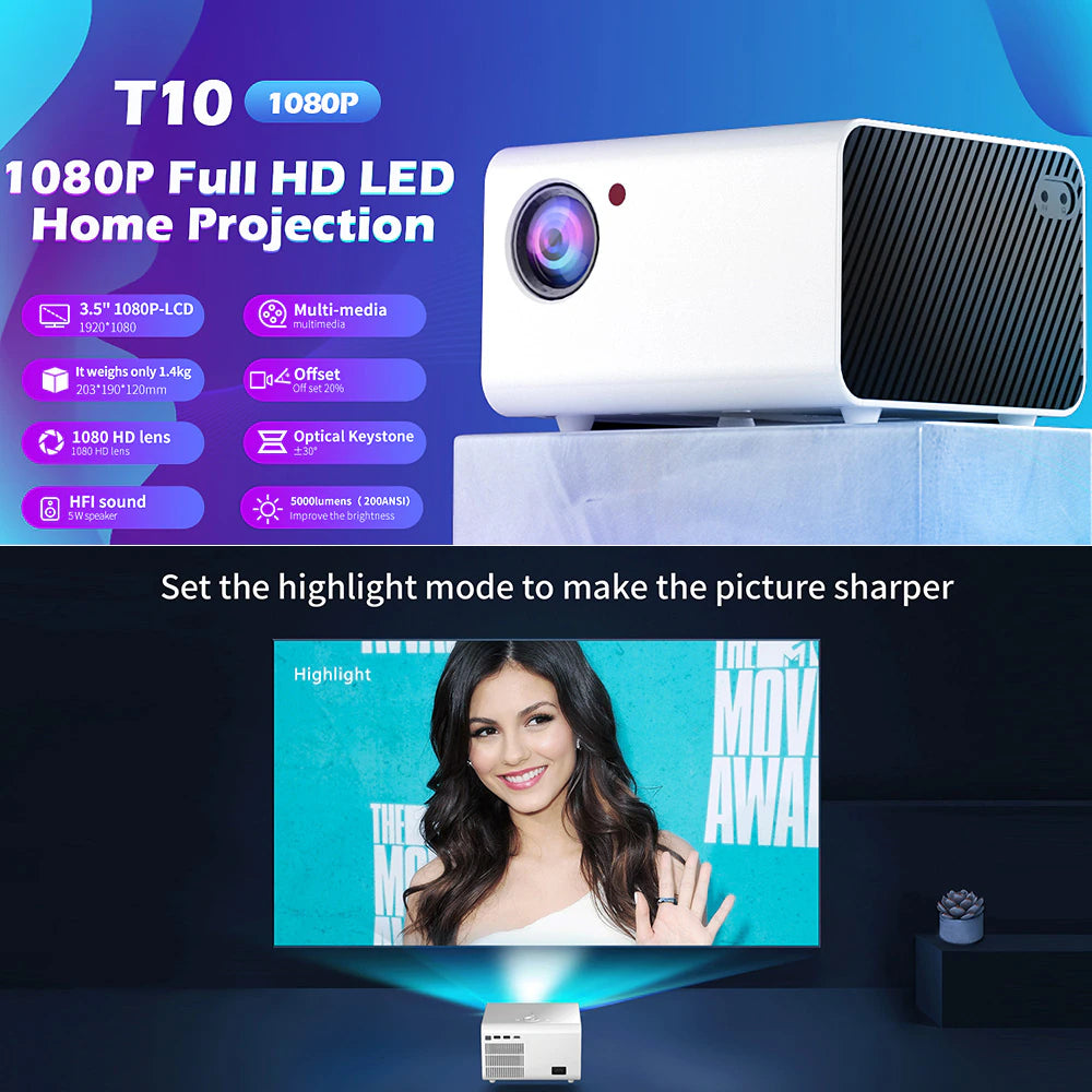 T10 Projector 1080P Full HD Portable Andriod TV Projector with Speaker Hifi Stereo Smart Cinema Video Projectors Home Theater