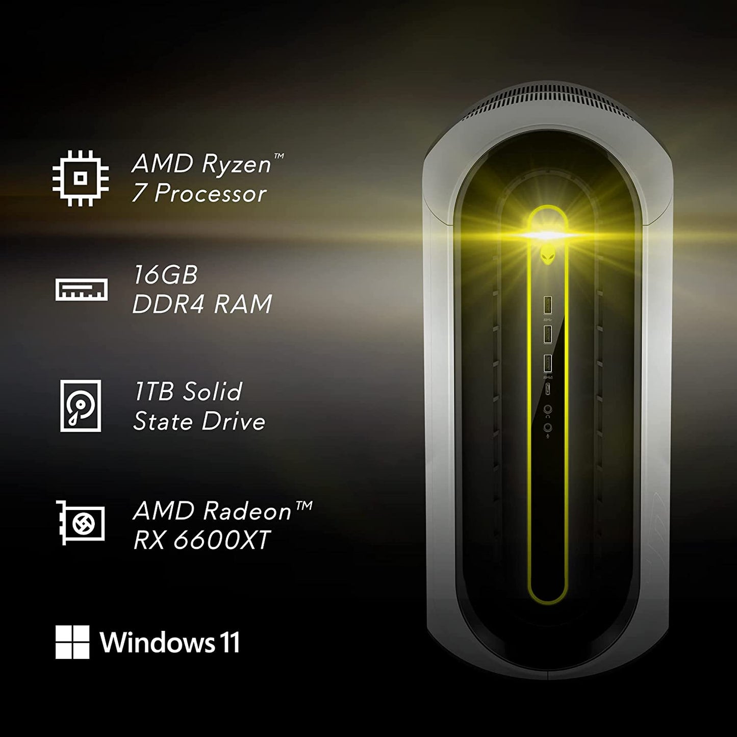 Alienware Aurora R10 Gaming Desktop - AMD Ryzen 7 5800, 16GB DDR4 RAM, 1TB SSD, AMD Radeon RX 6600XT 8GB GDDR6, VR Ready, Killer Wi-Fi 6, Liquid Cooling, 550W Power Supply, Windows 11 Home - Black