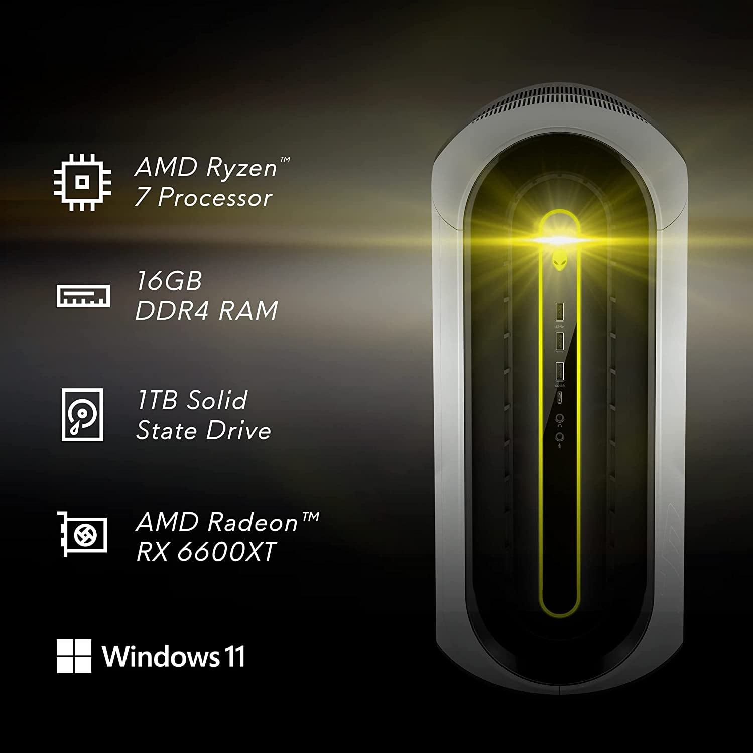 Alienware Aurora R10 Gaming Desktop - AMD Ryzen 7 5800, 16GB DDR4 RAM, 1TB SSD, AMD Radeon RX 6600XT 8GB GDDR6, VR Ready, Killer Wi-Fi 6, Liquid Cooling, 550W Power Supply, Windows 11 Home - Black