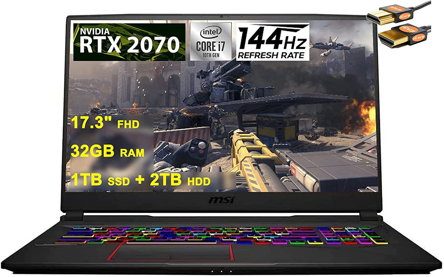 2021 Flagship GE75 Raider 17 Gaming Laptop 17.3" FHD IPS 144Hz 10Th Gen Intel Hexa-Core I7-10750H 32GB DDR4 1TB SSD 2TB HDD Geforce RTX 2070 8GB RGB Backlit Webcam Win 10 + HDMI Cable