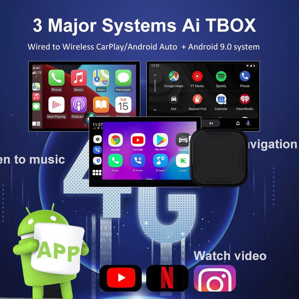 Carplay Wireless Android Auto Netflix Spotify Ai Streaming Smart Box 9.0 4+64G System for Kia VW Ford Skoda Toyota Nissan Volvo