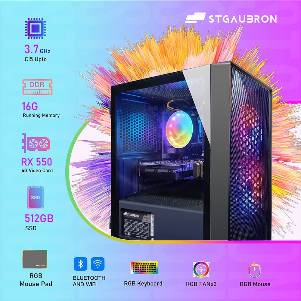 Stgaubron Gaming Desktop PC, Intel Core I5 3.3Ghz up to 3.7Ghz, AMD Radeon RX 550 4G GDDR5, 16G Ram, 512G SSD, Wifi, BT 5.0, RGB Fan X 3, RGB Keybaord & Mouse, RGB Mouse Pad, W10H64