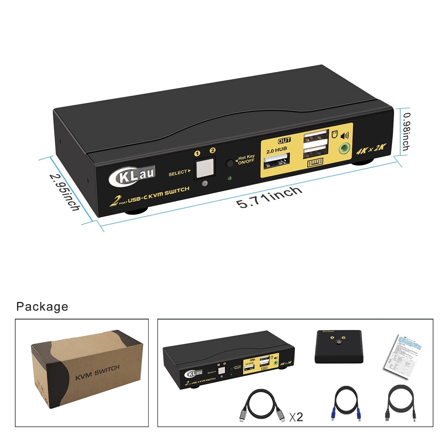 Cklau 2 Port USB C KVM Switch 4K60Hz 2K144Hz with Audio, Dual Port USB-C KVM Switcher for 2 Computers/Mac/Mobile Sharing Video Keyboard Mouse