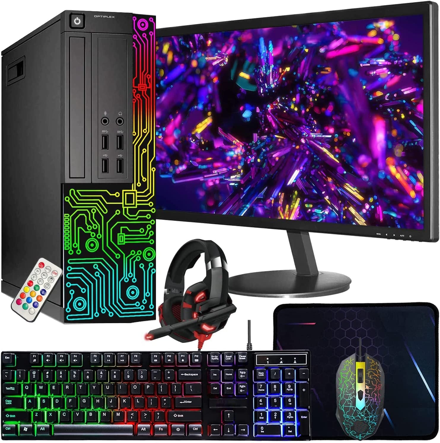 Dell Gaming Optiplex Desktop RGB Computer PC, Intel Core I5, Geforce GT 1030 2GB GDDR5, 16GB RAM, 512GB SSD, 24 Inch HDMI Monitor, RGB Keyboard Mouse and Headset, Wifi, Windows 10 Pro (Renewed)