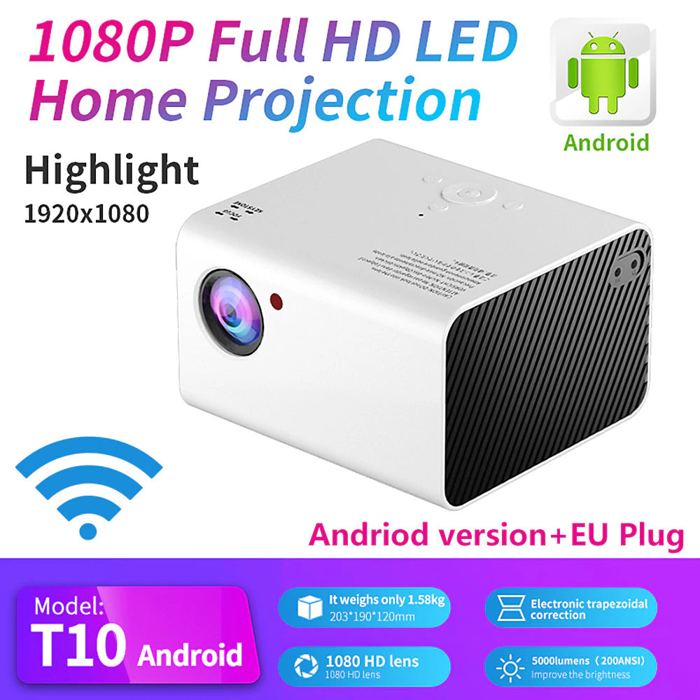 T10 Projector 1080P Full HD Portable Andriod TV Projector with Speaker Hifi Stereo Smart Cinema Video Projectors Home Theater