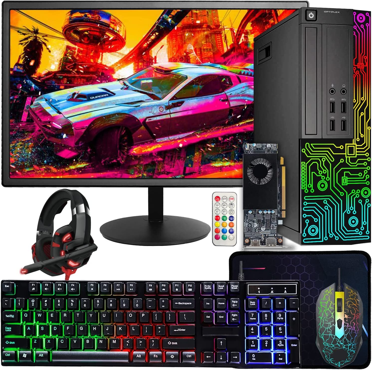 Dell Gaming Optiplex Desktop RGB Computer PC, Intel Core I5, Geforce GT 1030 2GB GDDR5, 16GB RAM, 512GB SSD, 24 Inch HDMI Monitor, RGB Keyboard Mouse and Headset, Wifi, Windows 10 Pro (Renewed)