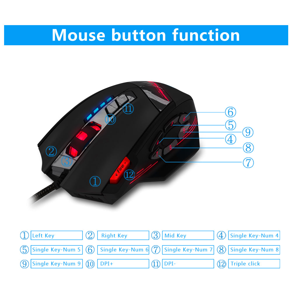 ZELOTES C-12 Wired Mouse USB Optical Gaming Mouse 12 Programmable Buttons Computer Game Mice 4 Adjustable DPI 7 LED Lights Mouse