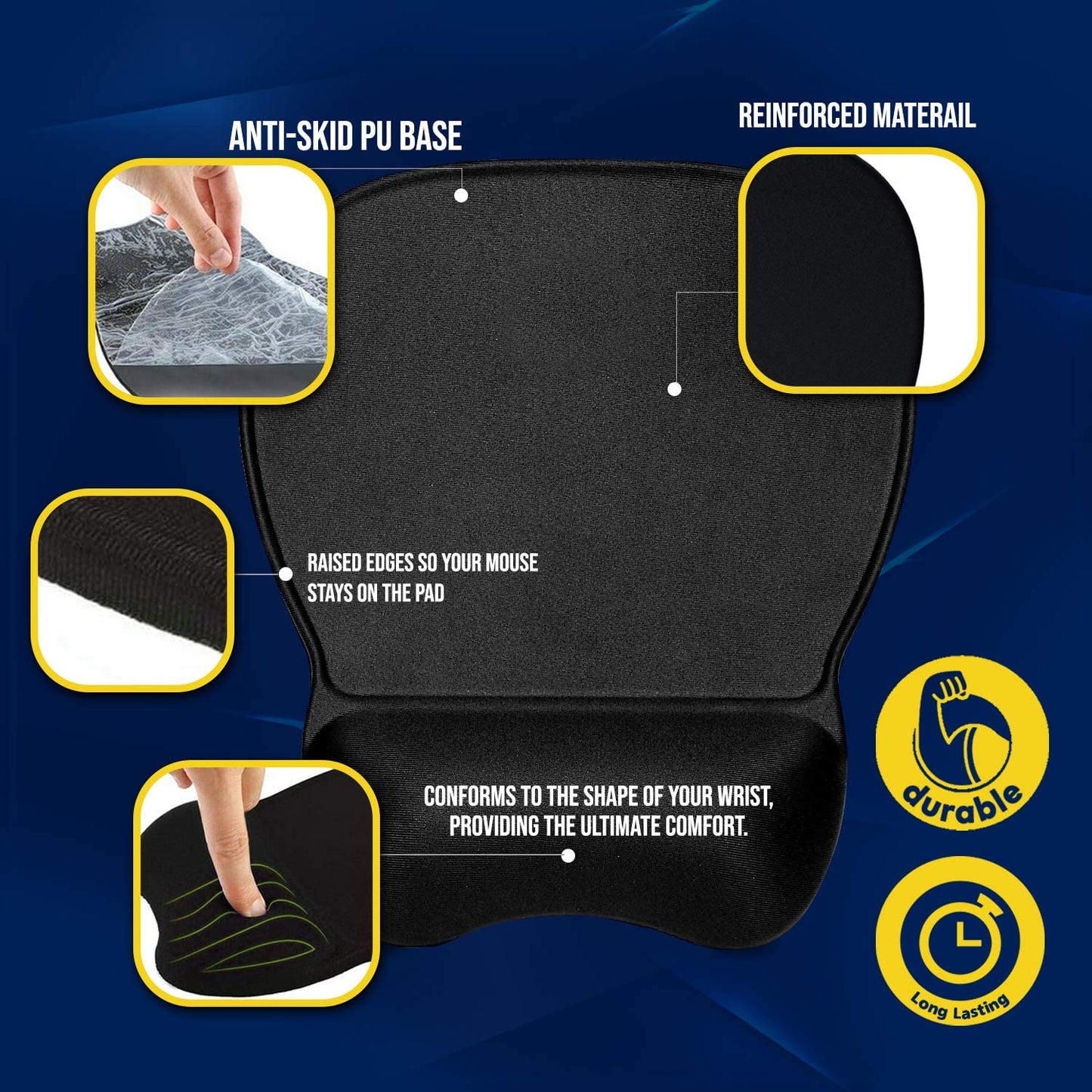 Ergonomic Mouse Pad with Wrist Rest Support, Black | Eliminates All Pains, Carpal Tunnel & Any Other Wrist Discomfort! Non-Slip Base, Stitched Edges! (1)