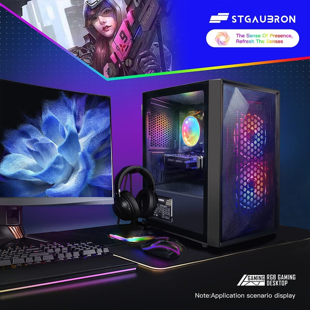 Stgaubron Gaming Desktop PC, Intel Core I5 3.3Ghz up to 3.7Ghz, AMD Radeon RX 550 4G GDDR5, 16G Ram, 512G SSD, Wifi, BT 5.0, RGB Fan X 3, RGB Keybaord & Mouse, RGB Mouse Pad, W10H64