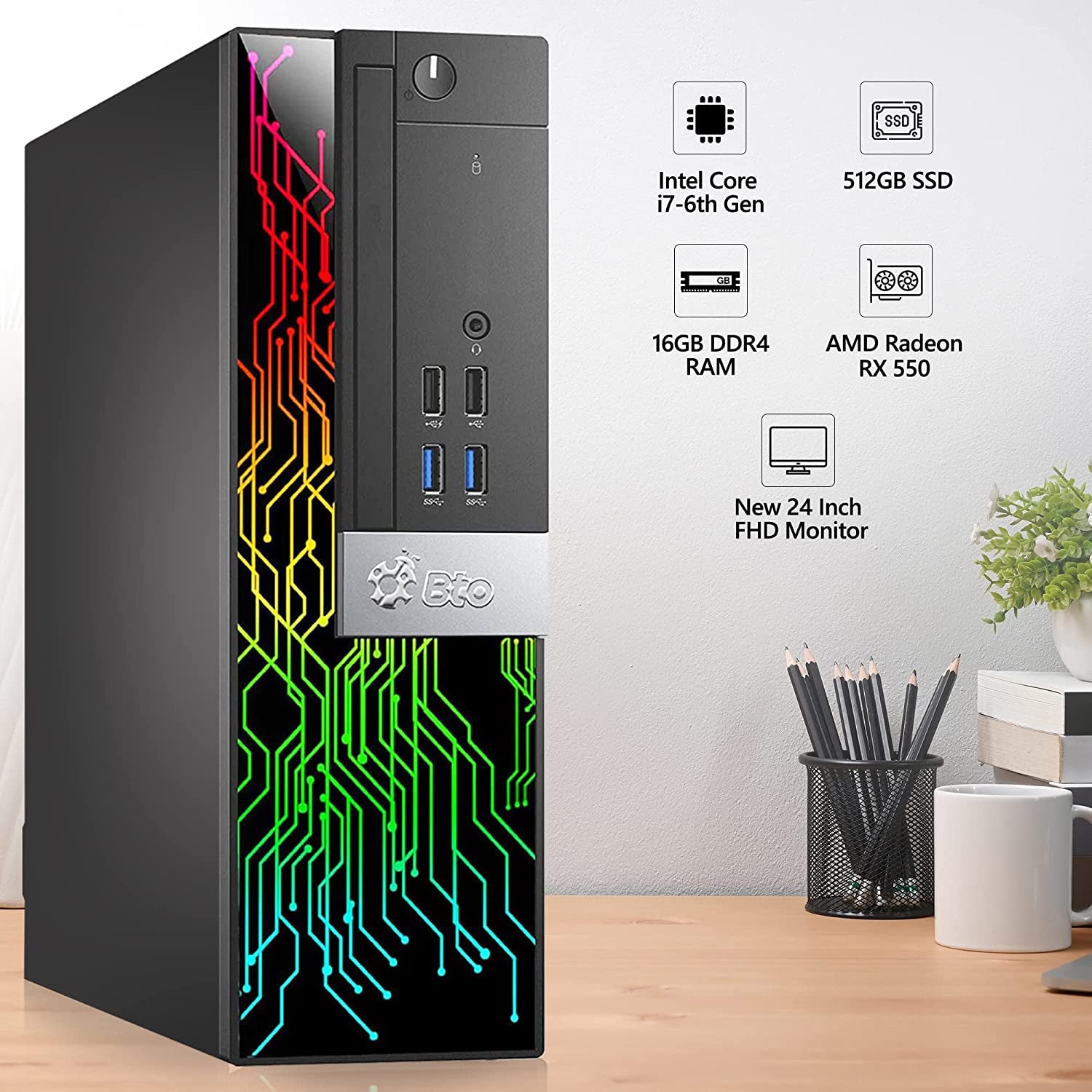 BTO RGB Gaming Desktop Computer PC, Intel Core I7 6Th Gen, 16GB DDR4 Ram, 512GB SSD, AMD Radeon Rx-550 4GB GDDR5, HDMI, RGB Set, New 24 Inch Monitor, Windows 10 Pro (Renewed)