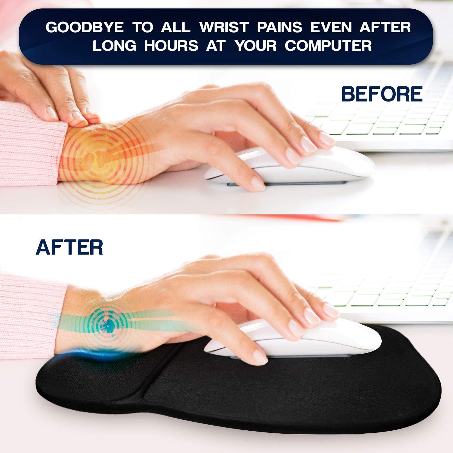 Ergonomic Mouse Pad with Wrist Rest Support, Black | Eliminates All Pains, Carpal Tunnel & Any Other Wrist Discomfort! Non-Slip Base, Stitched Edges! (1)