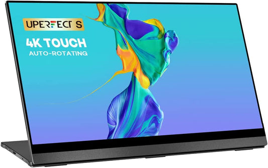 UPERFECT 4K Portable Monitor Touchscreen, S Gravity Sensor Automatic Rotate 15.6'' Slimmest 100% Adobe RGB 10-Point Touch UHD 2 USB C Monitor Bracket Integrated & Frameless Bezel Glass Laptop Display