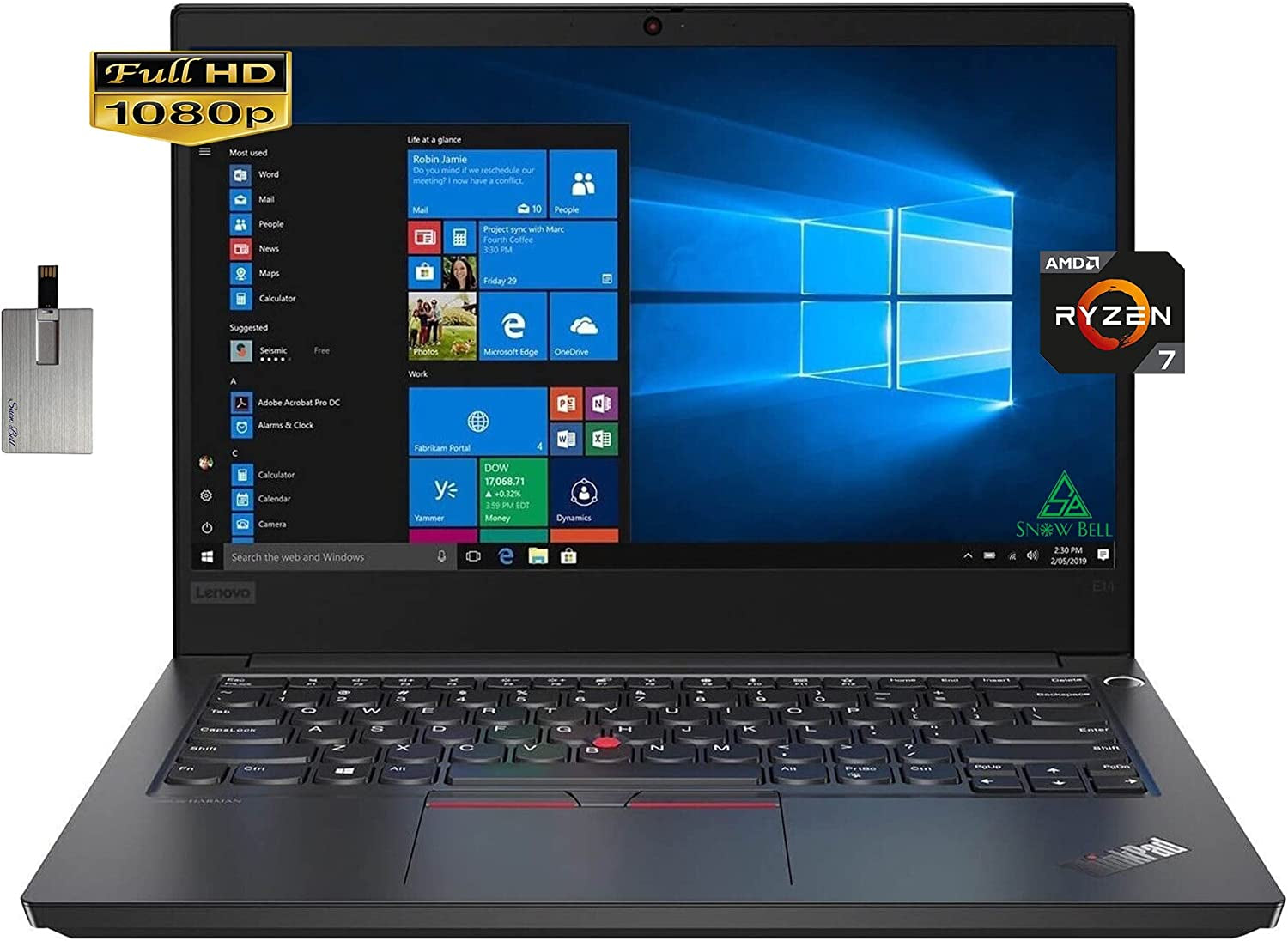 2022 Thinkpad E14 14" FHD Business Laptop, AMD Ryzen 7 5700U, 16GB RAM, 512GB SSD, AMD Radeon Graphics, Backlit Keyboard, 720P HD Camera, Windows 11 Pro, Black, 32GB Snowbell USB Card