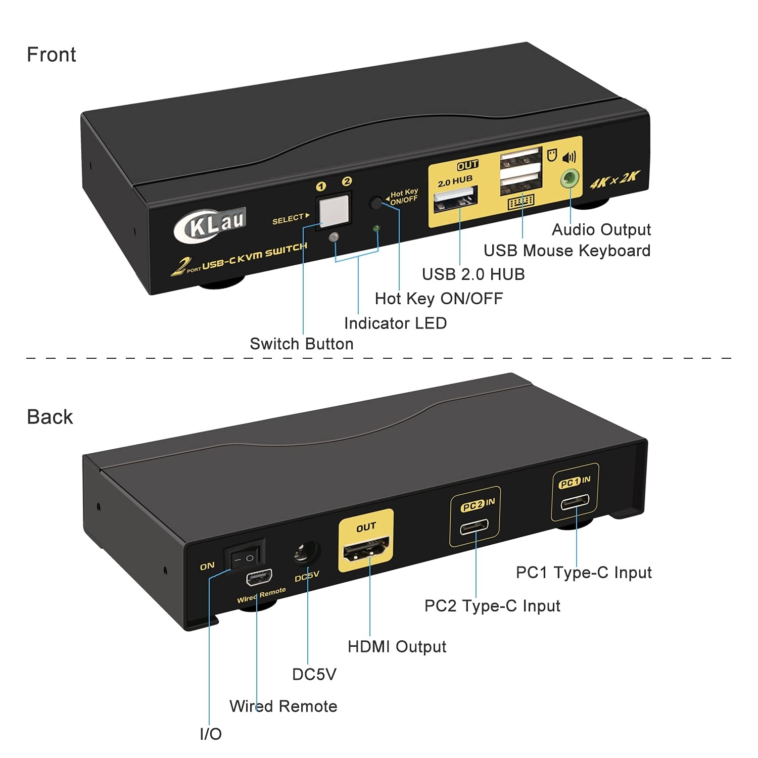 Cklau 2 Port USB C KVM Switch 4K60Hz 2K144Hz with Audio, Dual Port USB-C KVM Switcher for 2 Computers/Mac/Mobile Sharing Video Keyboard Mouse